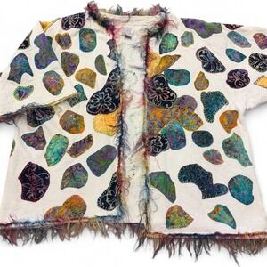 OOAK Handcrafted IOU Casual Comfort White Patchwork Fringed Cardigan Women's L